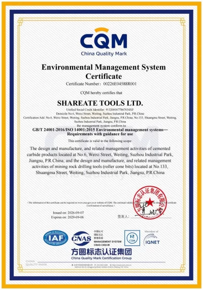 ISO 14001:2015 environmental management system certificate issued to SHAREATE TOOLS LTD.