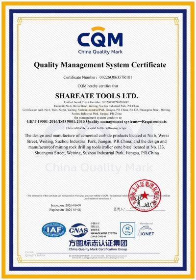 ISO 9001:2015 quality management system certificate issued to SHAREATE TOOLS LTD.